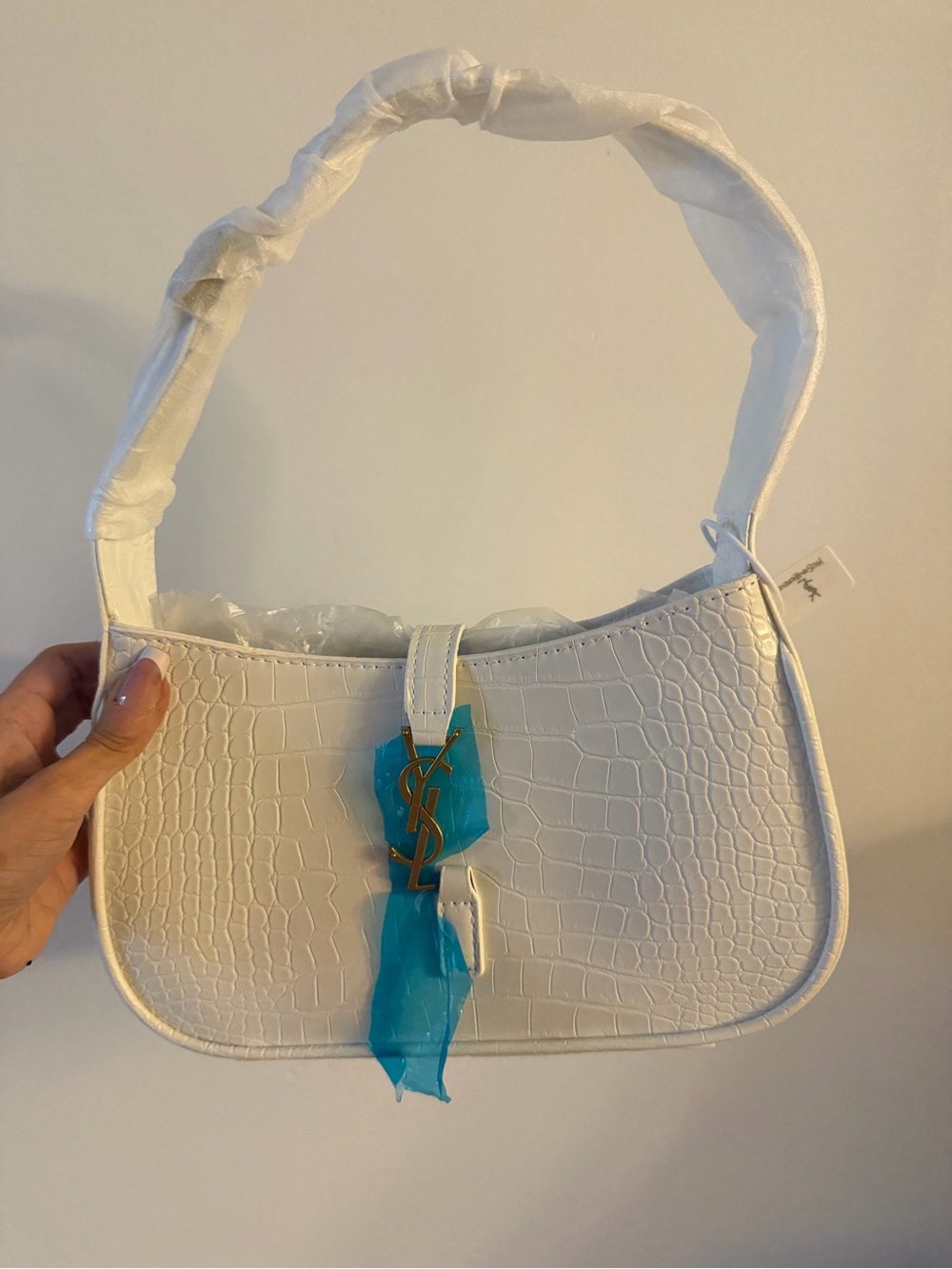 White Croc-Embossed Shoulder Bag with Gold Accent